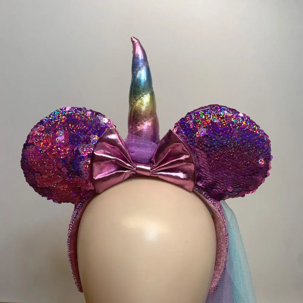 Disney Parks Purple Rainbow Metallic Sequin Unicorn Mini Mouse‎ Ears Headband